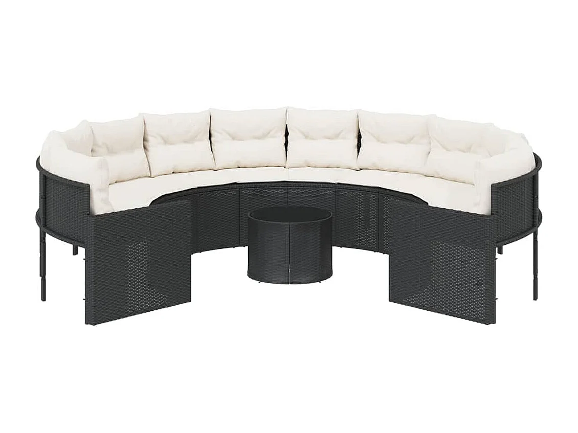 Sofá de jardim com mesa e almofadões redondo vime PE preto