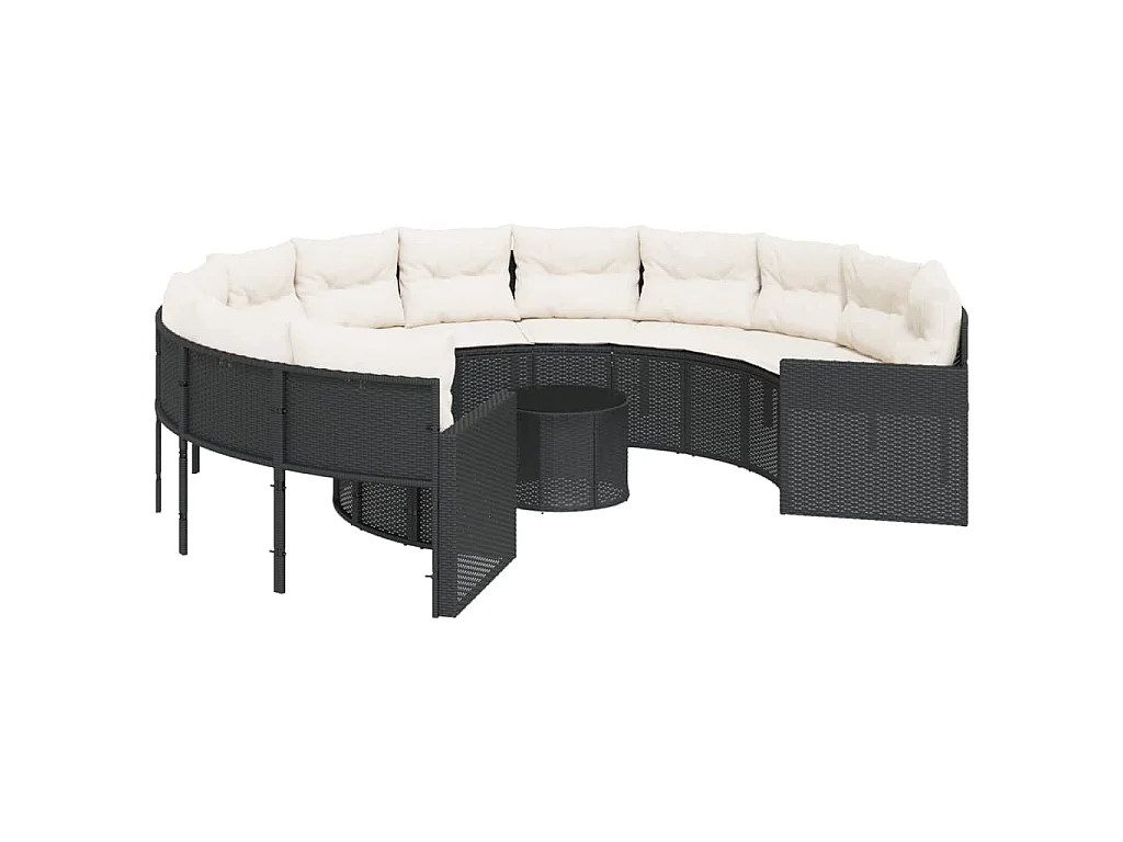 Divano Giardino con Tavolo e Cuscini Circolare Nero Polyrattan