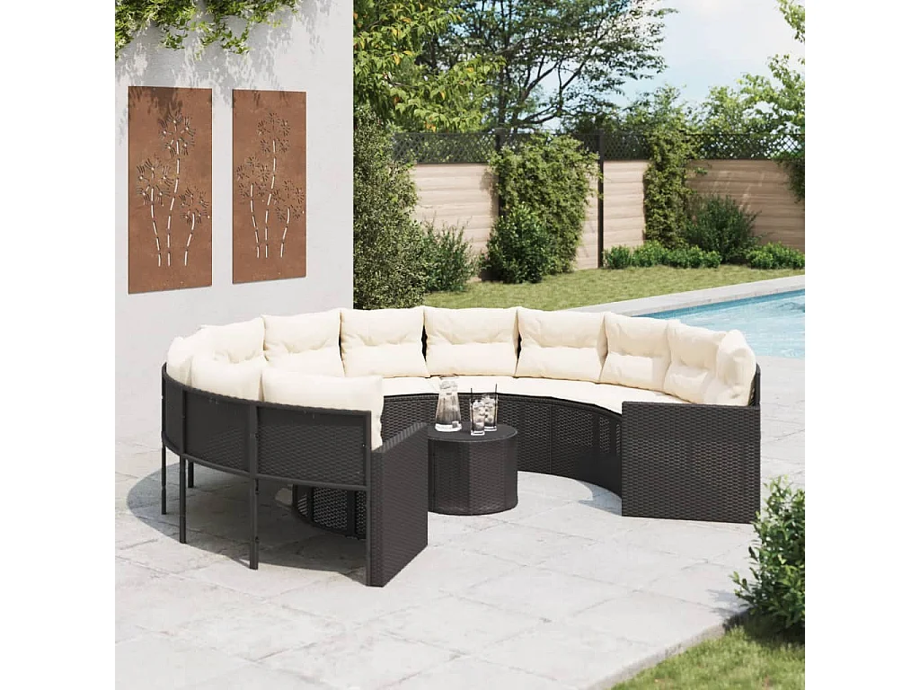 Divano Giardino con Tavolo e Cuscini Circolare Nero Polyrattan
