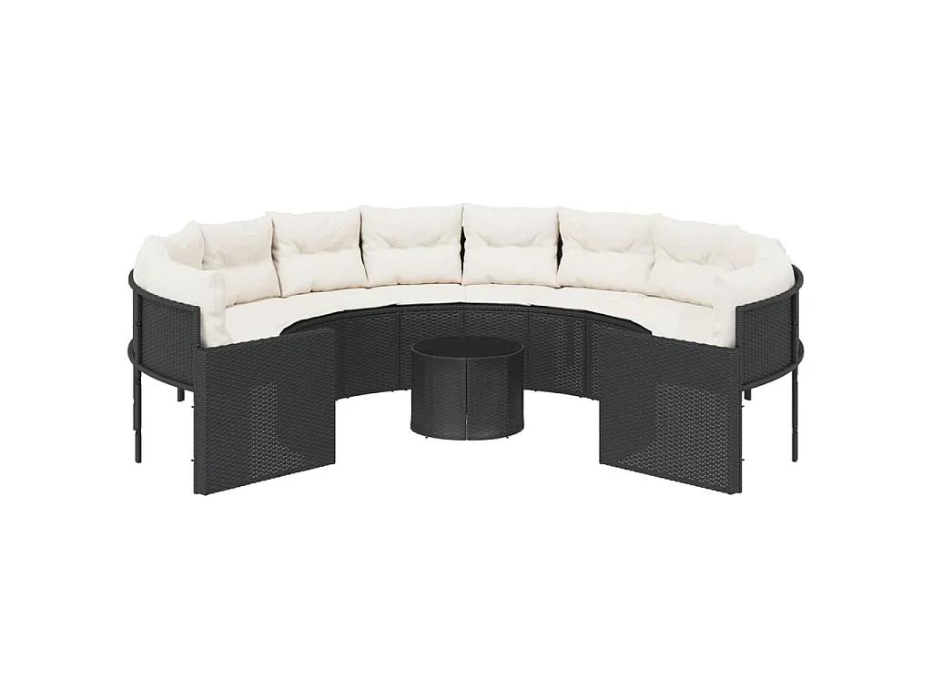 Divano Giardino con Tavolo e Cuscini Circolare Nero Polyrattan