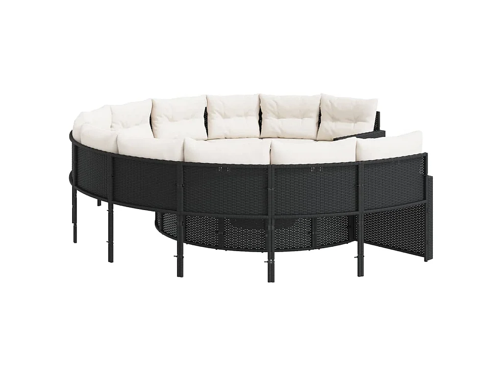 Divano Giardino con Tavolo e Cuscini Circolare Nero Polyrattan