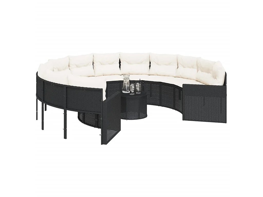 Canapé de jardin avec table coussins rond noir résine tressée
