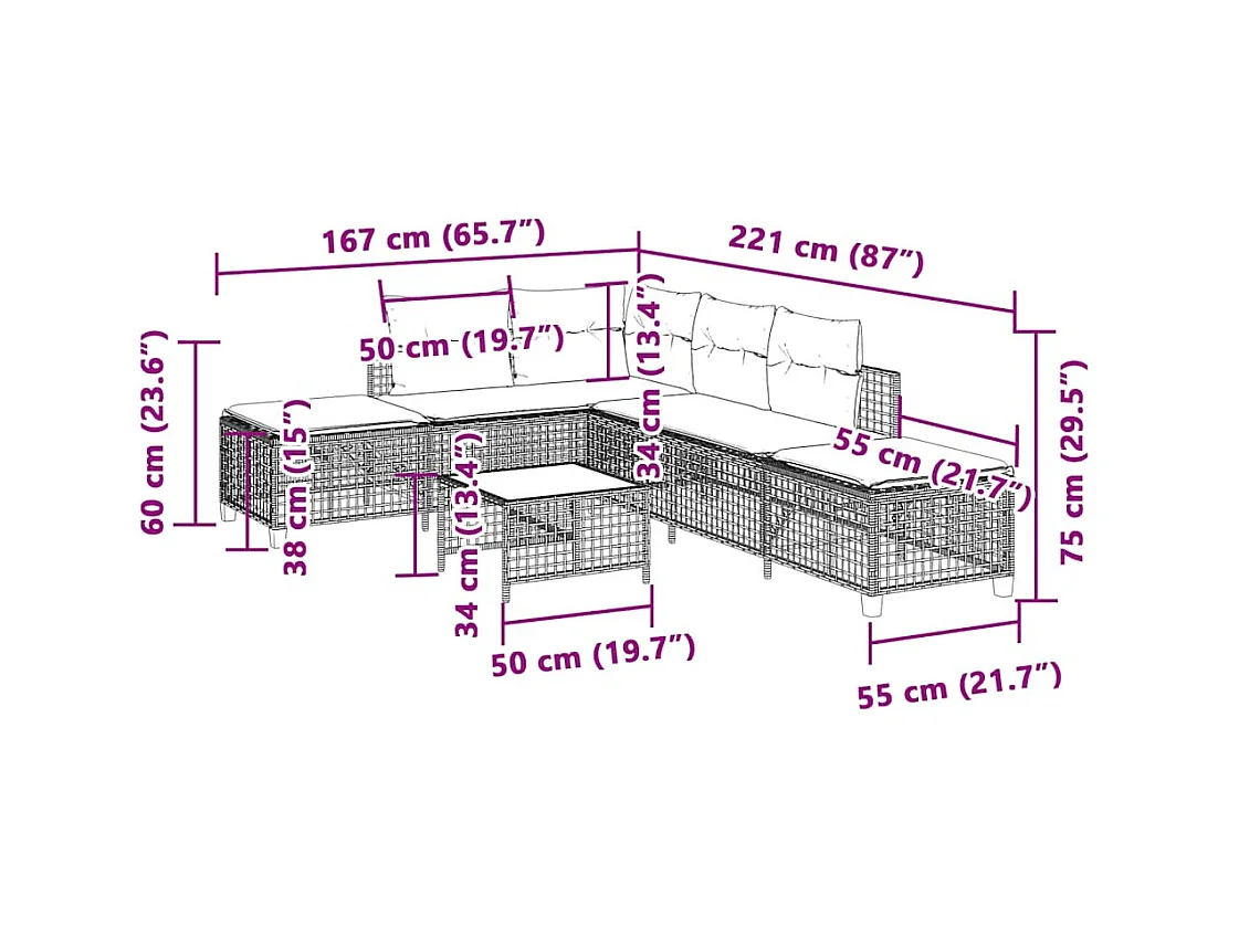 Salon de jardin d'angle et coussins 3 pcs marron résine tressée