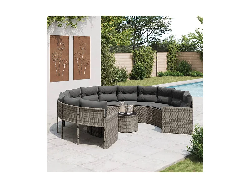 Canapé de jardin avec table coussins rond gris résine tressée