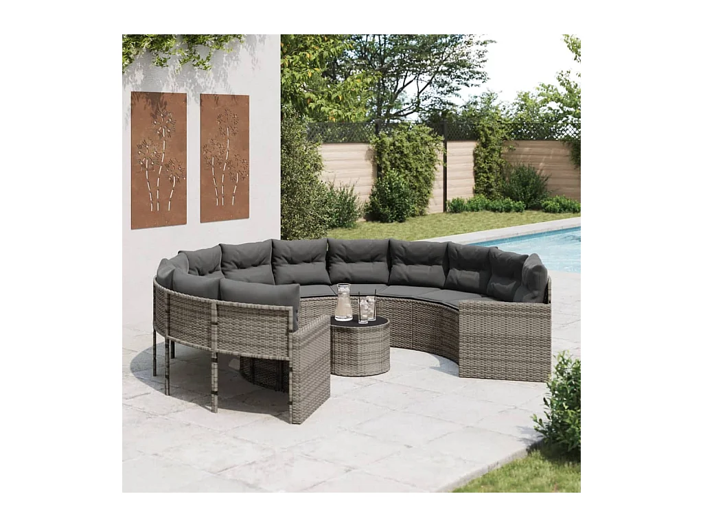 Gartensofa mit Tisch und Kissen Rund Grau Poly Rattan