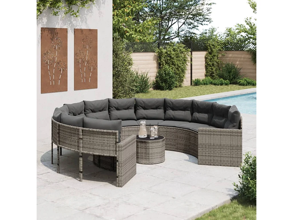Tuinbank met tafel en kussens rond poly rattan grijs