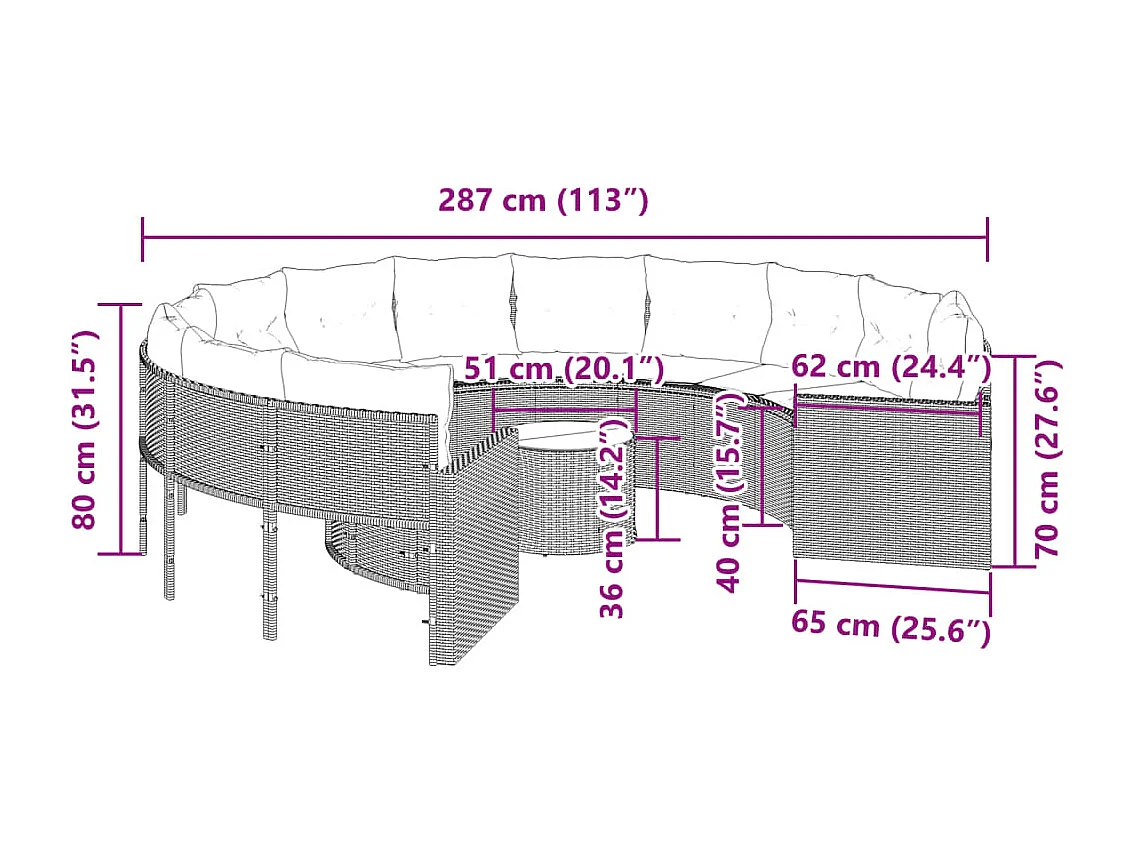 Tuinbank met tafel en kussens rond poly rattan grijs