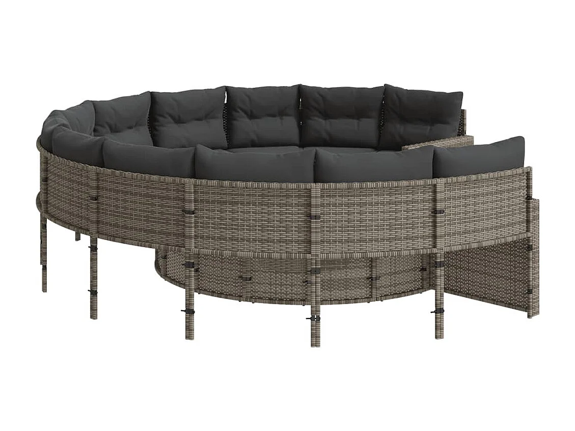 Tuinbank met tafel en kussens rond poly rattan grijs