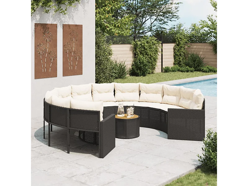 Divano Giardino con Tavolo e Cuscini Circolare Nero Polyrattan