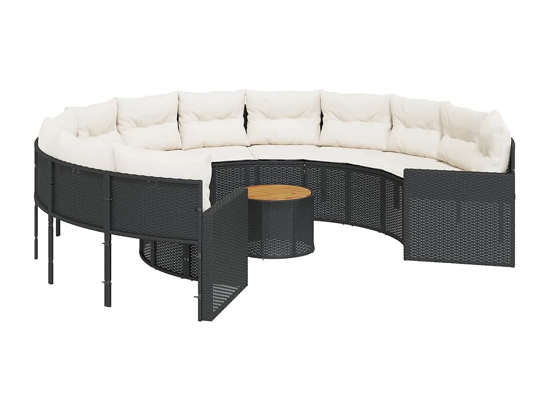 Sofá de jardim com mesa e almofadões redondo vime PE preto