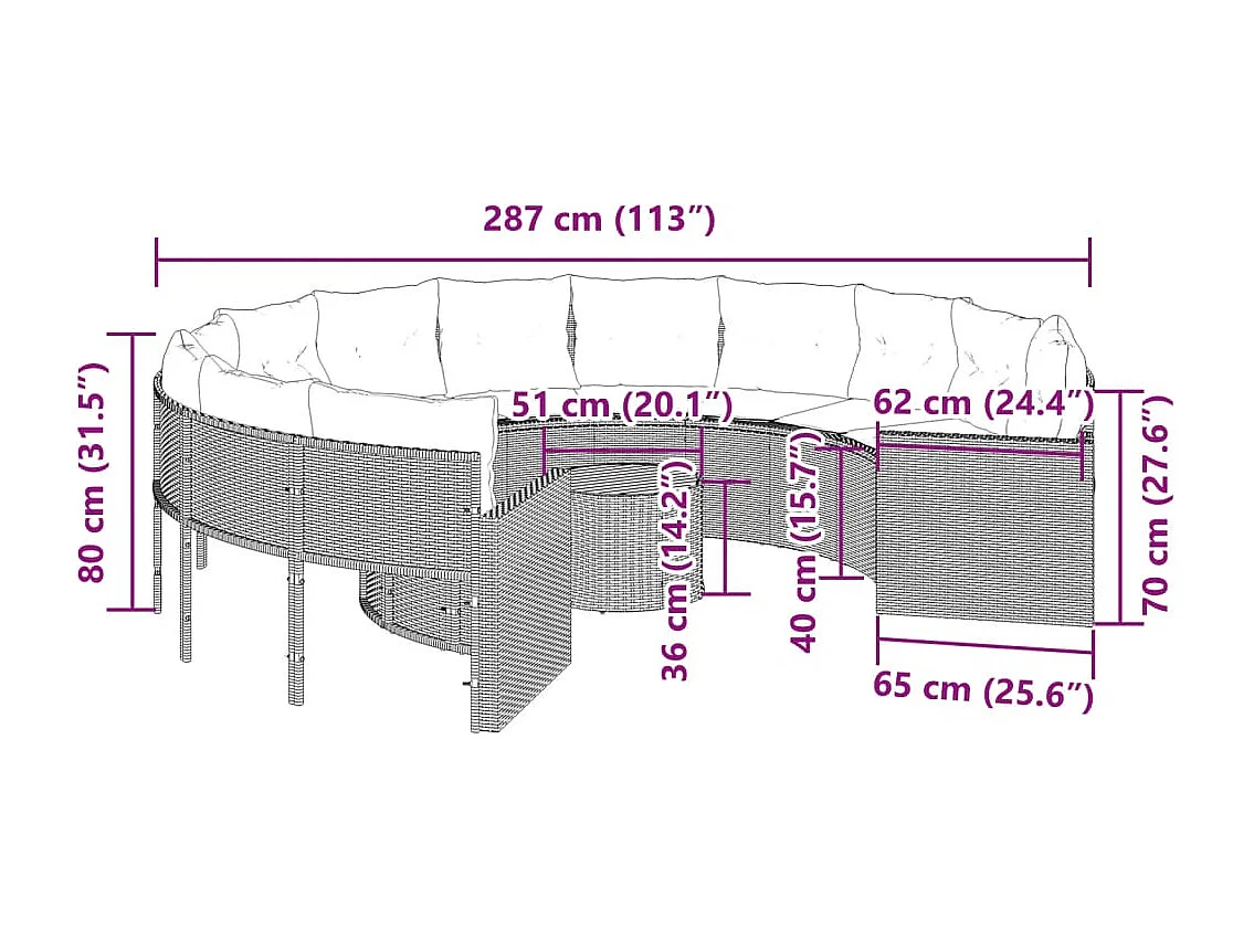 Sofá de jardim com mesa e almofadões redondo vime PE preto