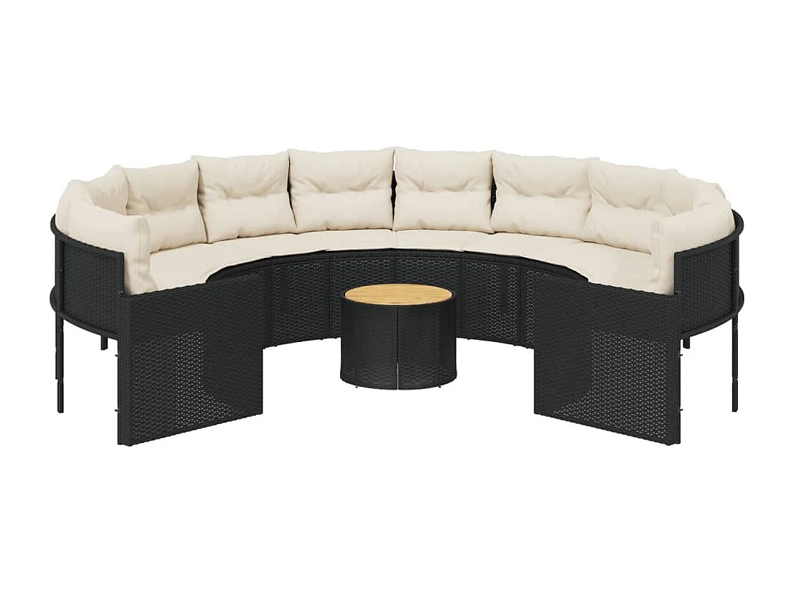 Sofá de jardim com mesa e almofadões redondo vime PE preto