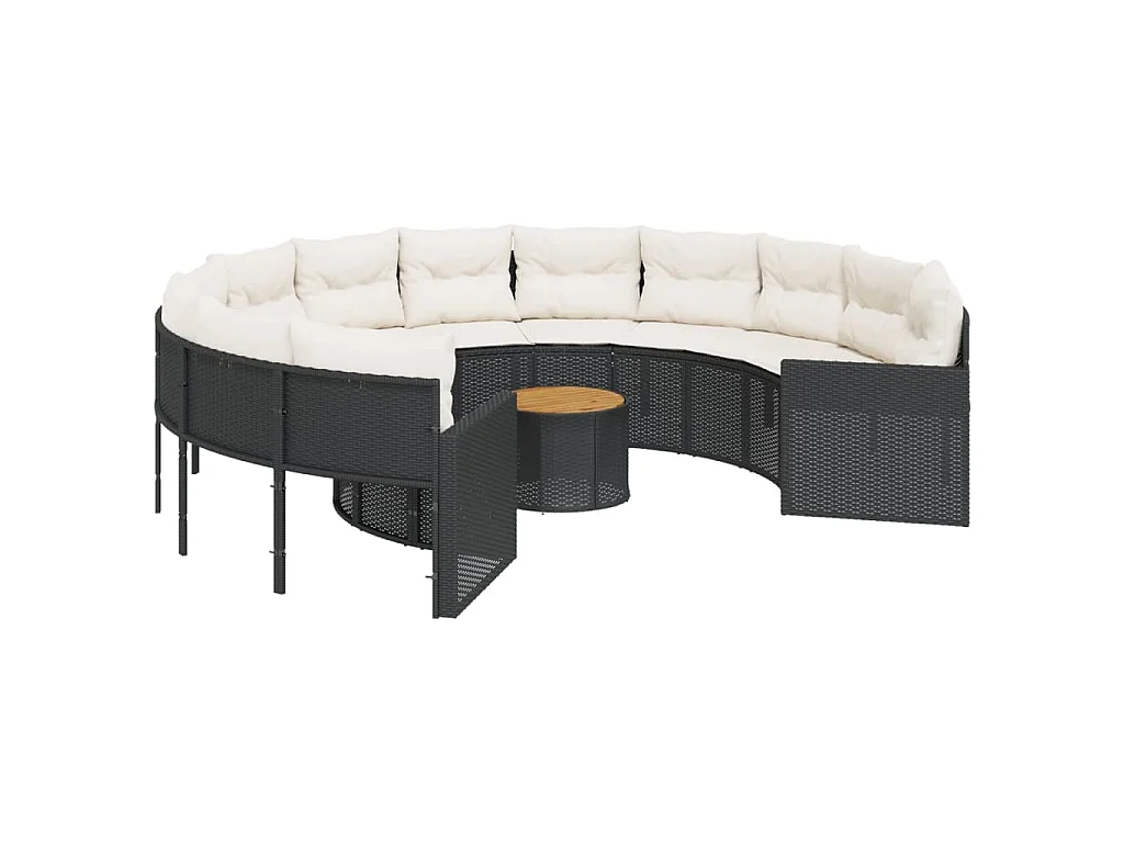 Sofá de jardim com mesa e almofadões redondo vime PE preto