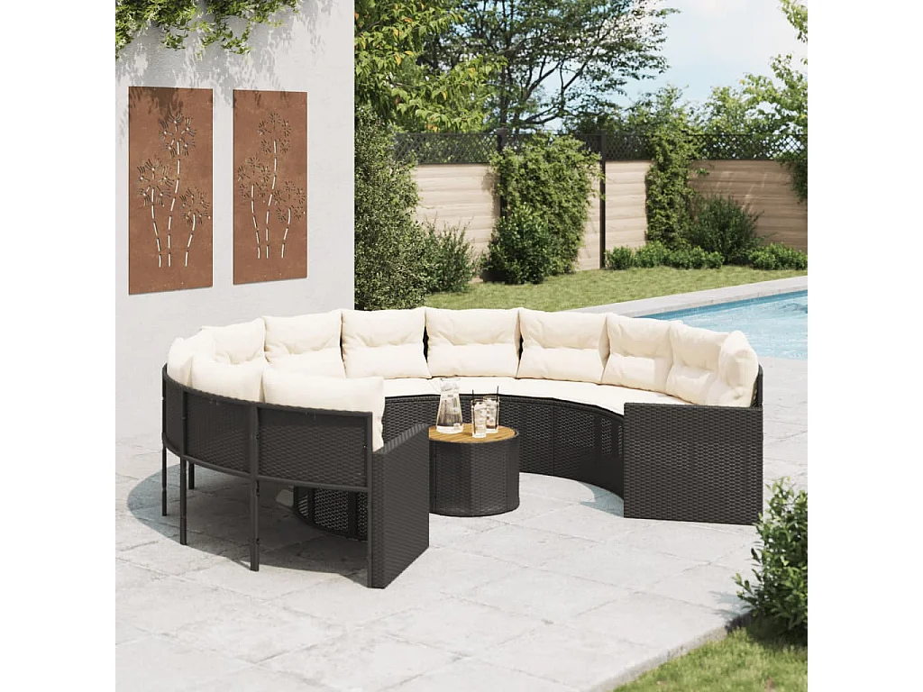 Sofá de jardim com mesa e almofadões redondo vime PE preto