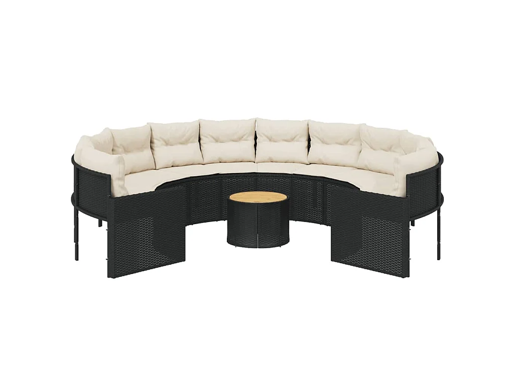 Sofá de jardim com mesa e almofadões redondo vime PE preto