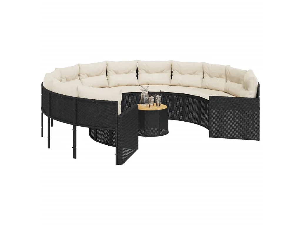 Canapé de jardin avec table coussins rond noir résine tressée