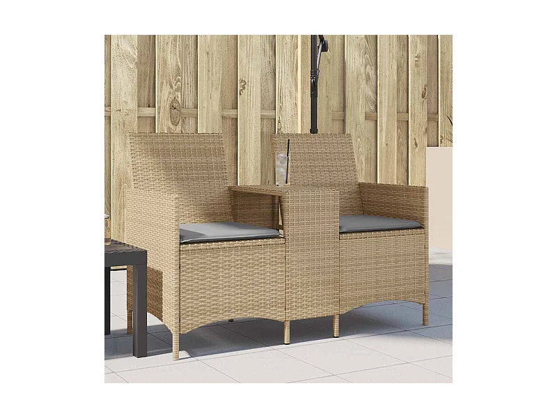 Canapé de jardin 2 places avec table et coussins résine tressée