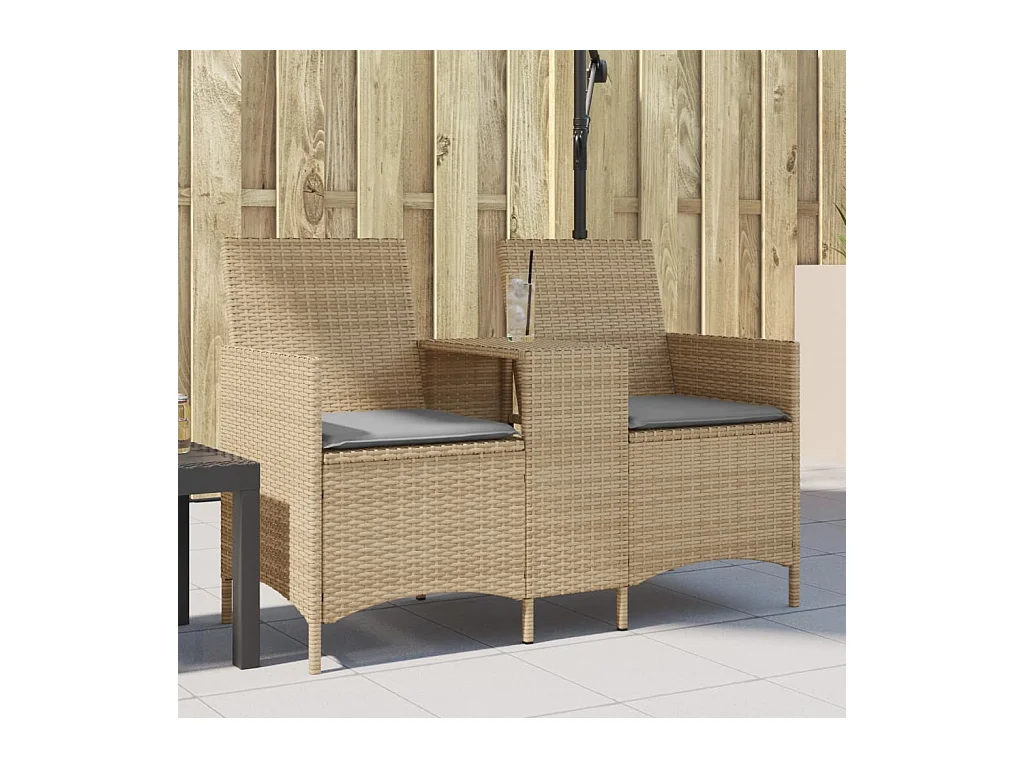 Tuinbank 2-zits met tafel en kussens poly rattan beige