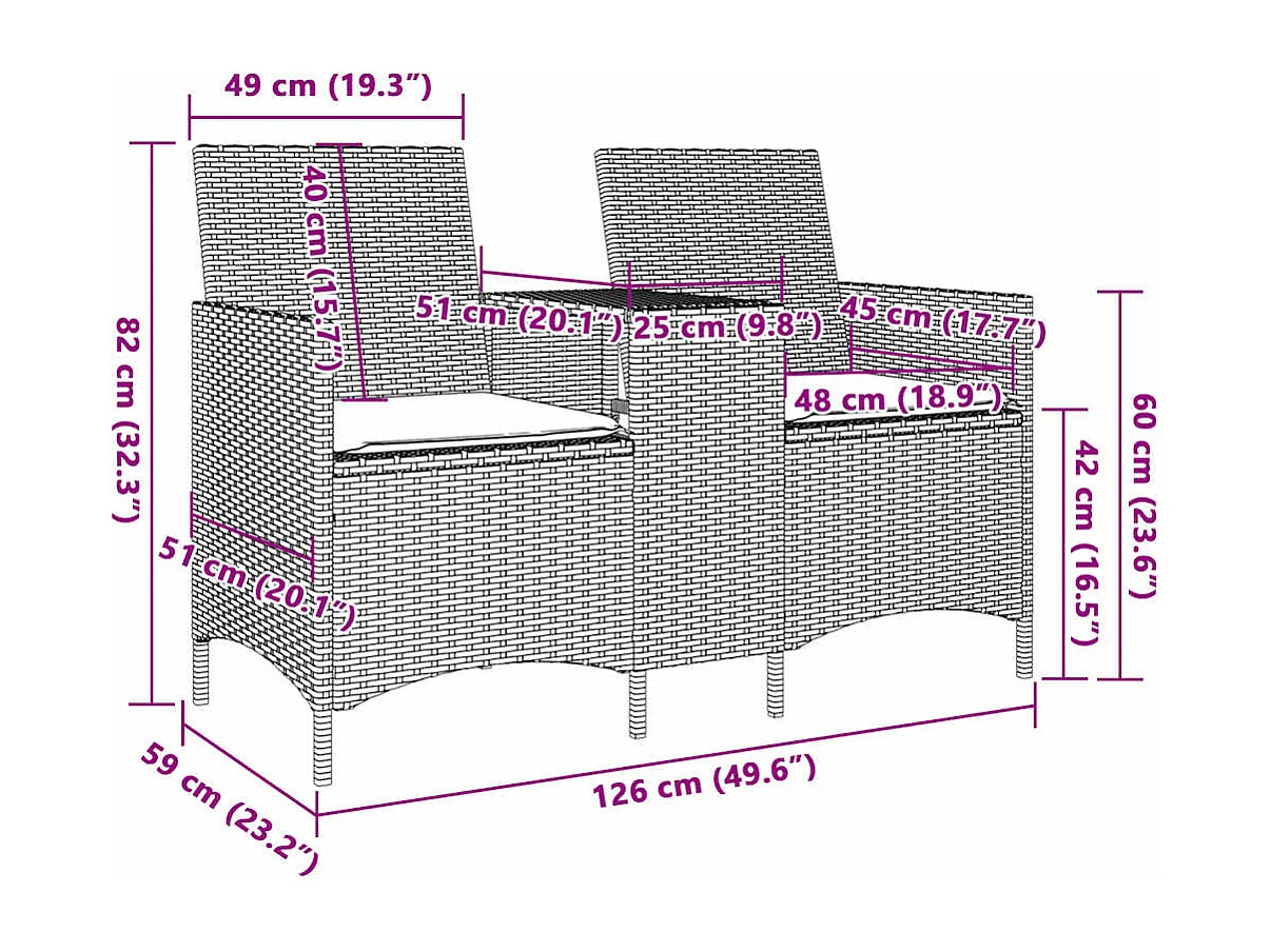 Canapé de jardin 2 places avec table et coussins résine tressée