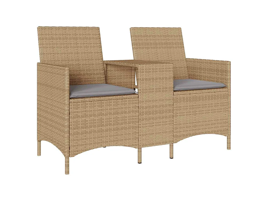 Gartensofa 2-Sitzer mit Tisch und Kissen Beige Poly Rattan