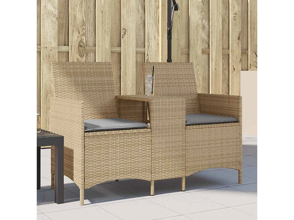 Gartensofa 2-Sitzer mit Tisch und Kissen Beige Poly Rattan