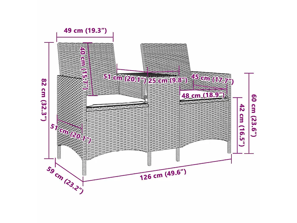 Gartensofa 2-Sitzer mit Tisch und Kissen Beige Poly Rattan