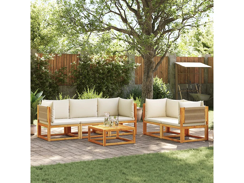 Ensemble de canapés de jardin 6 pièces avec coussins en bois d'acacia et corde