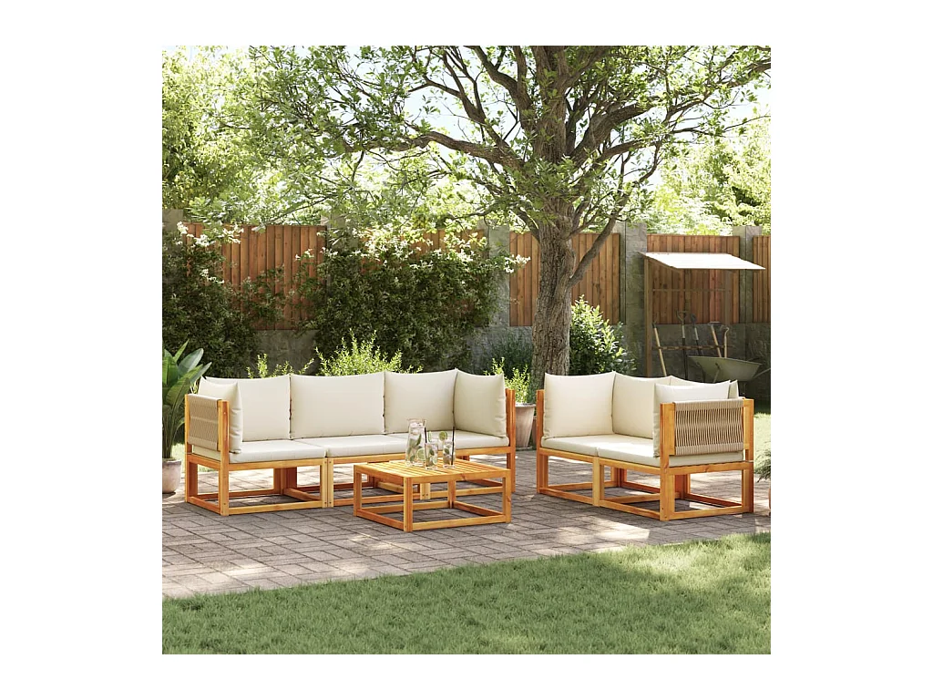Ensemble de canapés de jardin 6 pièces avec coussins en bois d'acacia et corde