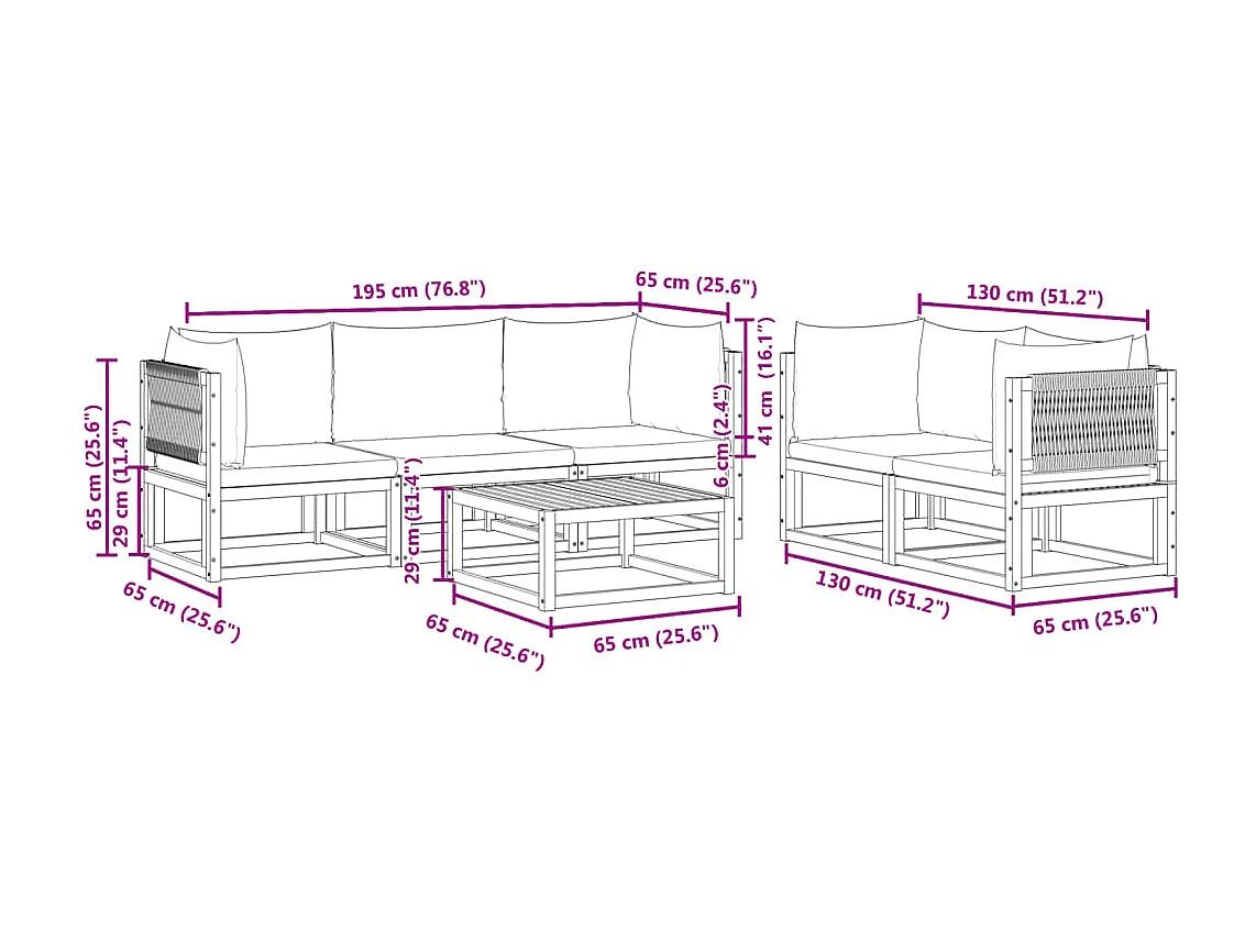 Ensemble de canapés de jardin 6 pièces avec coussins en bois d'acacia et corde