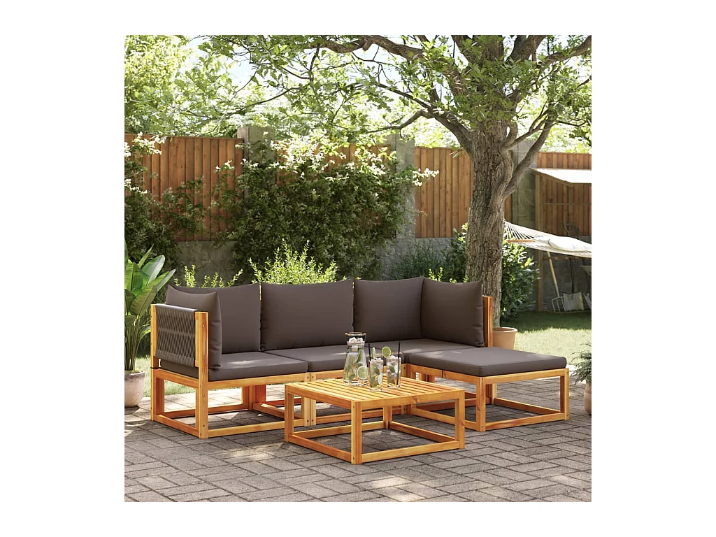 Ensemble de canapés de jardin 5 pièces avec coussins en bois d'acacia et corde