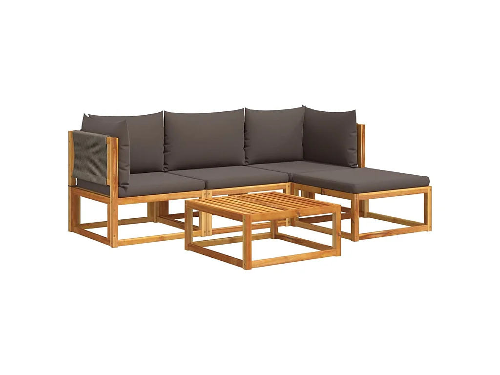 Ensemble de canapés de jardin 5 pièces avec coussins en bois d'acacia et corde