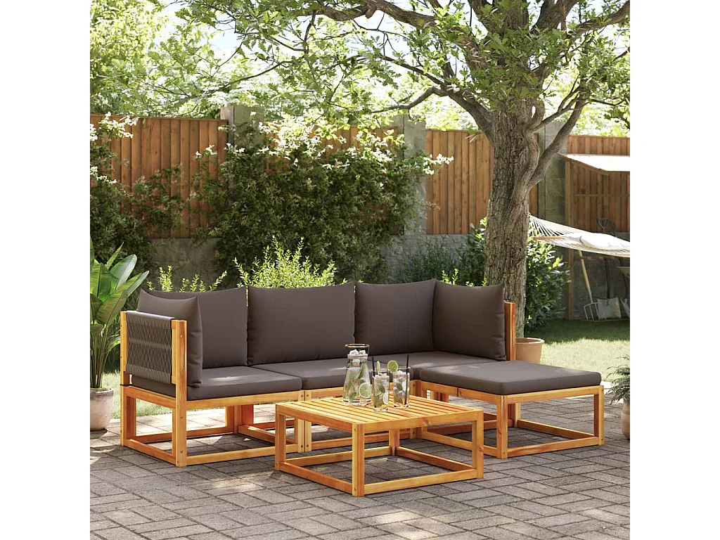 Ensemble de canapés de jardin 5 pièces avec coussins en bois d'acacia et corde