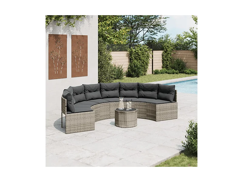 Canapé de jardin table coussins demi-rond gris résine tressée