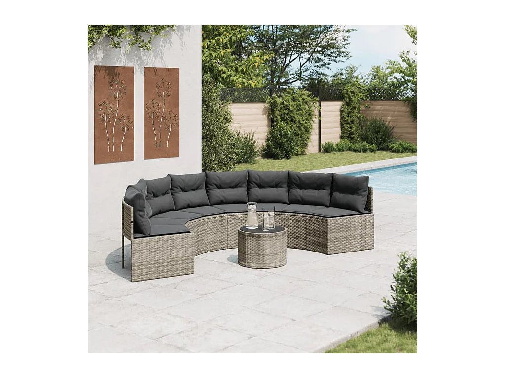 Canapé de jardin table coussins demi-rond gris résine tressée