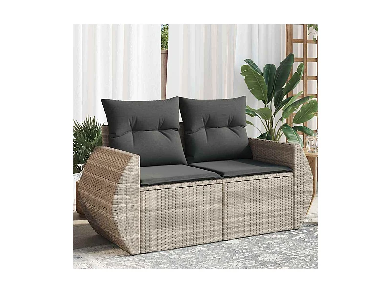 Gartensofa mit Kissen 2-Sitzer Hellgrau Poly Rattan