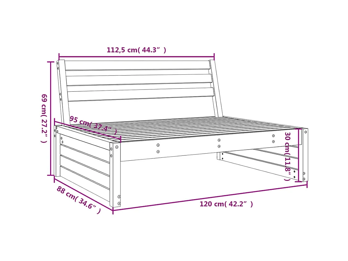 Canapé central de jardin blanc 120x80 cm bois de pin massif