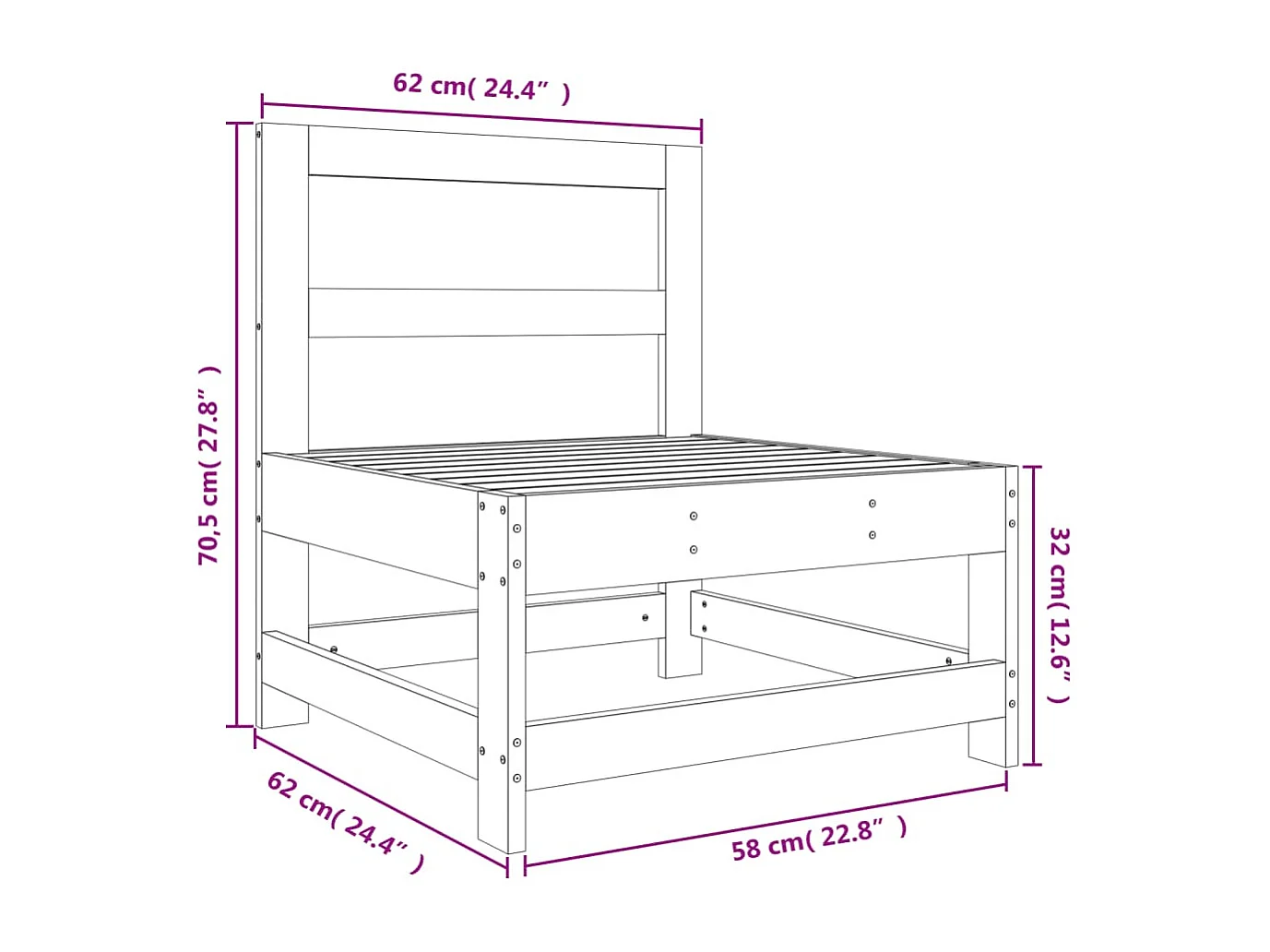 Canapé central de jardin gris bois de pin massif
