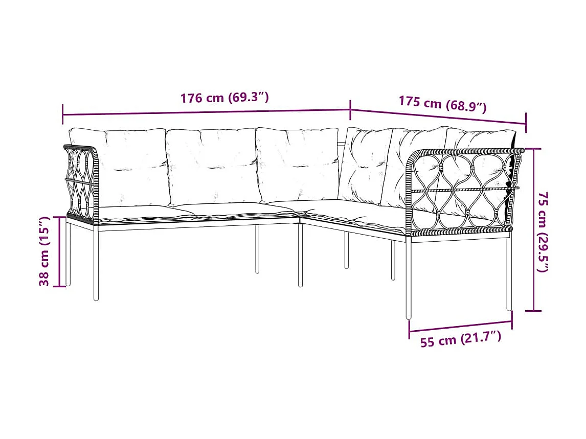 Canapé de jardin avec coussins forme de L noir acier textilène