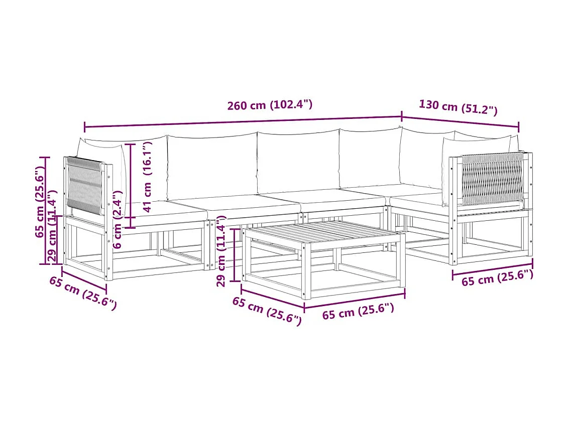Ensemble de canapés de jardin 6 pièces avec coussins en bois d'acacia et corde