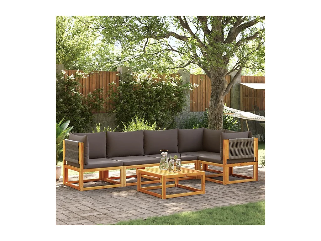 Ensemble de canapés de jardin 6 pièces avec coussins en bois d'acacia et corde