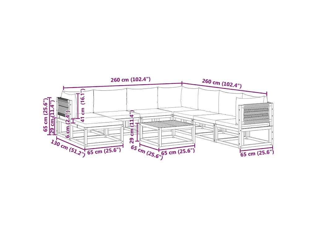 Conjunto de sofás de jardim  de 9 peças com almofadas de madeira de acácia e corda