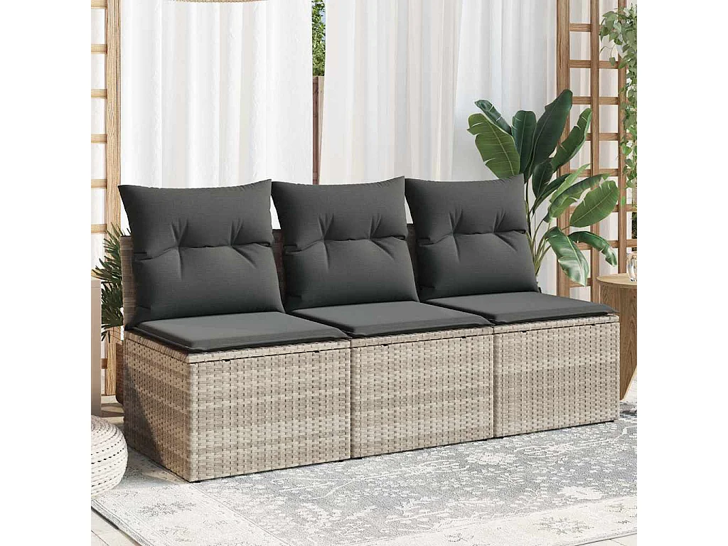 Tuinbank 3-zits met kussens poly rattan lichtgrijs