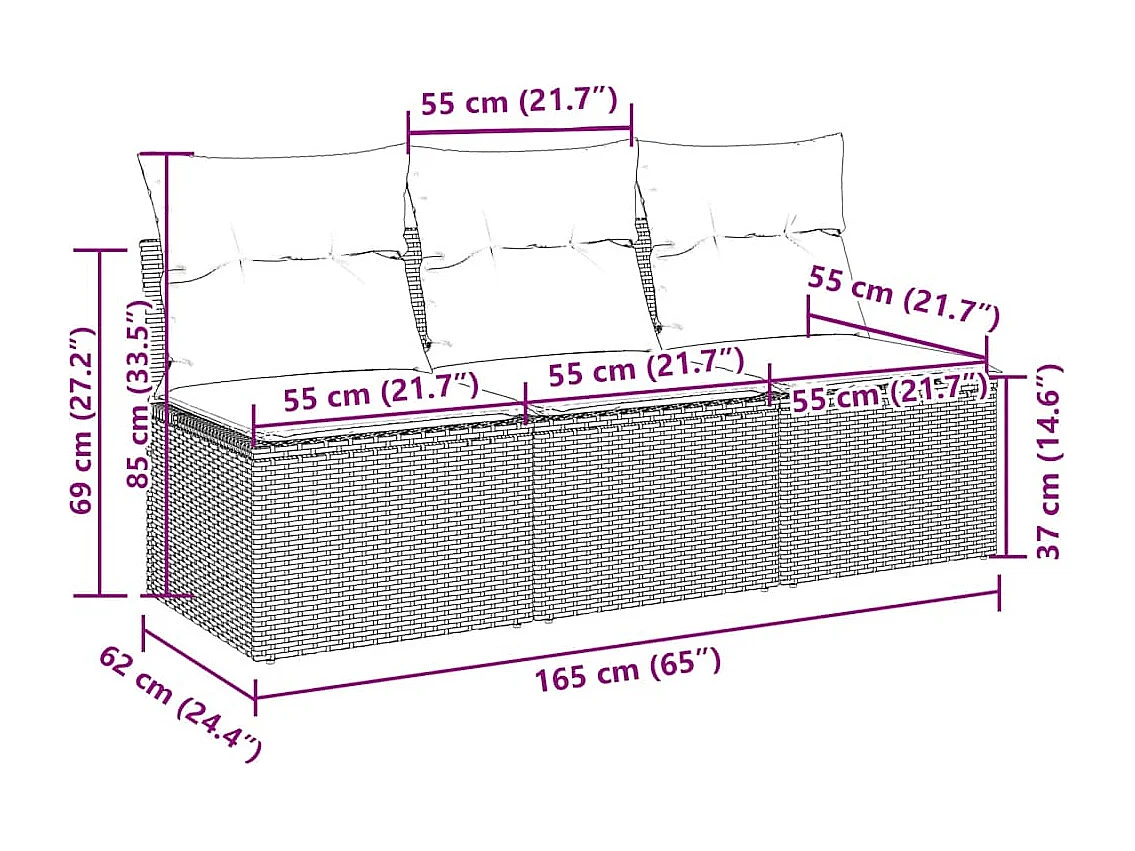 Tuinbank 3-zits met kussens poly rattan lichtgrijs