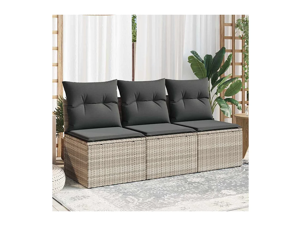 Gartensofa mit Kissen 3-Sitzer Hellgrau Poly Rattan