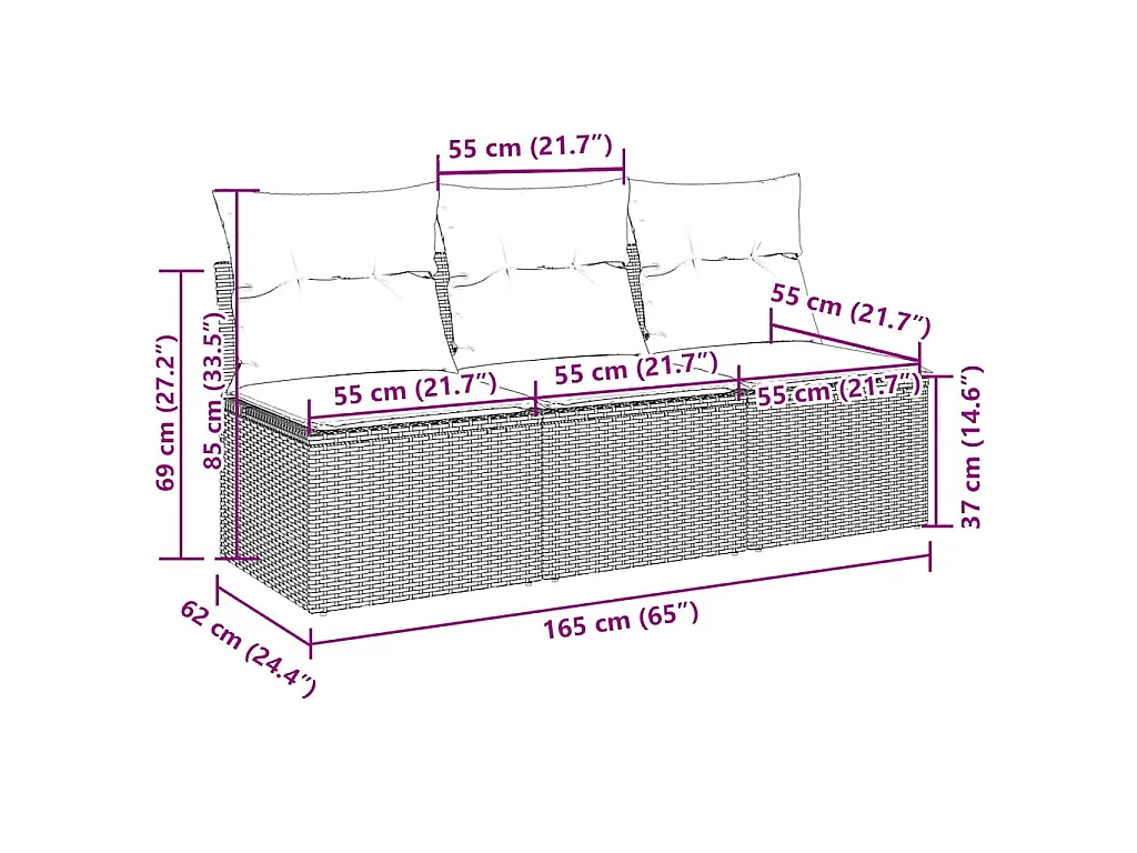 Gartensofa mit Kissen 3-Sitzer Hellgrau Poly Rattan