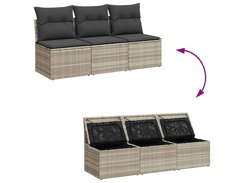Gartensofa mit Kissen 3-Sitzer Hellgrau Poly Rattan