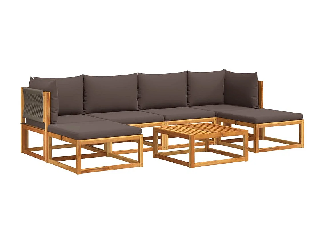 Ensemble de canapés de jardin 7 pièces avec coussins, bois d'acacia et corde,