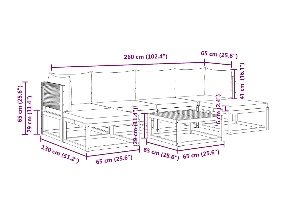 Ensemble de canapés de jardin 7 pièces avec coussins, bois d'acacia et corde,