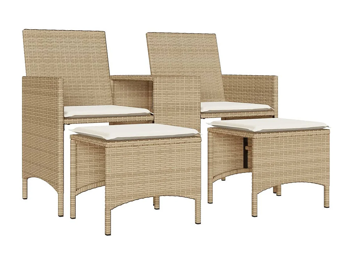 Gartensofa 2-Sitzer mit Tisch und Hockern Beige Poly Rattan