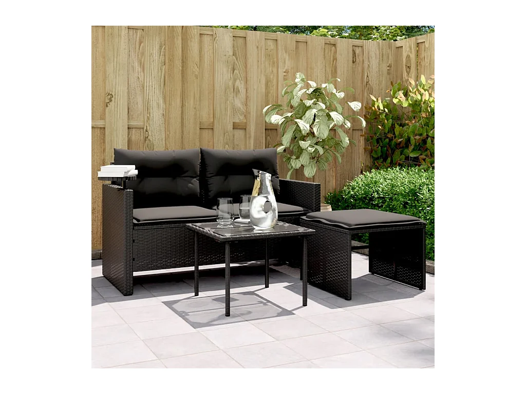 Salon de jardin 3 pcs avec coussins noir résine tressée